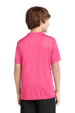 A youth performance tee in bright pink, featuring short sleeves and a logo on the back.