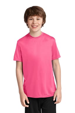 A youth performance tee in bright pink, featuring a round neck and short sleeves, with a logo on the front.