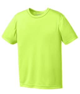 A bright lime green youth performance tee with short sleeves and a simple design. It features a logo on the shirt.