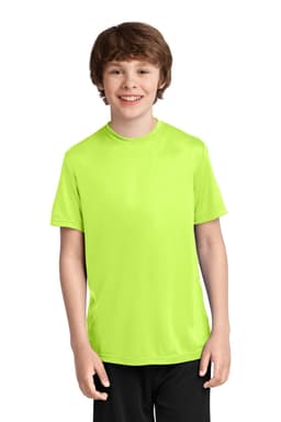 A youth performance tee in bright lime green, featuring a round neck and short sleeves. It has a logo on the front.
