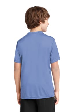 A youth performance tee in light blue, shown from the back, featuring short sleeves and a simple design.