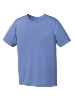 A light blue youth performance tee with a classic crew neck and short sleeves, featuring a logo.
