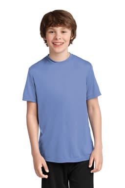 A youth performance tee in light blue, featuring a round neck and short sleeves, worn by a smiling child.