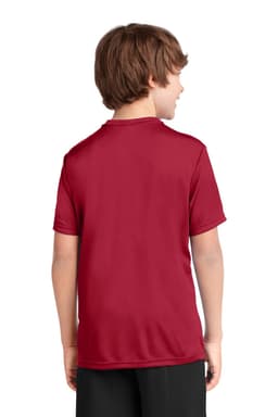 A youth red performance t-shirt featuring a logo on the back, displayed by a child.