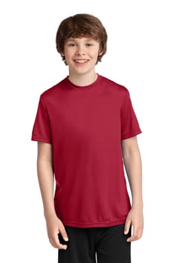 A youth performance tee in vibrant red, featuring short sleeves and a logo on the front.