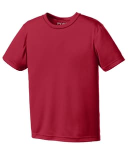 A red youth performance t-shirt featuring a rounded neckline and short sleeves, with a logo on the collar.