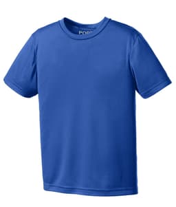 A blue youth performance t-shirt featuring short sleeves and a crew neckline. It has a logo on the collar.