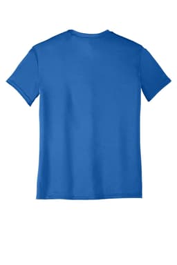 A short-sleeved youth performance tee in vibrant blue, featuring a plain back design with a logo.