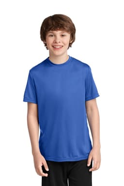 A youth performance tee in royal blue, featuring a round neck and short sleeves. It has a logo on the chest.