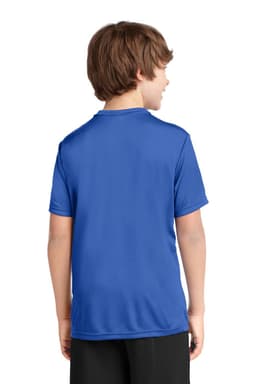 A blue youth performance tee displayed from the back, featuring a simple design and a logo on the back.