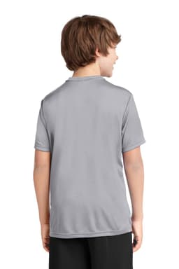 A grey youth performance T-shirt made from breathable fabric, featuring a logo on the back.