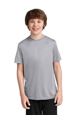 A youth performance t-shirt in grey, featuring a simple design and a logo on the front.