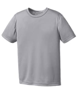 A grey youth performance tee with a round neckline and short sleeves, featuring a logo on the interior label.