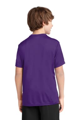 A purple youth performance tee seen from the back, featuring short sleeves and a smooth, relaxed fit.
