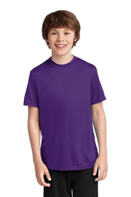 A youth performance tee in vibrant purple, made from lightweight fabric, featuring a simple design and a small logo.