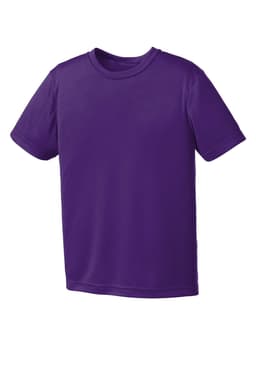 A purple youth performance tee with short sleeves and a round neckline. The shirt features a logo.