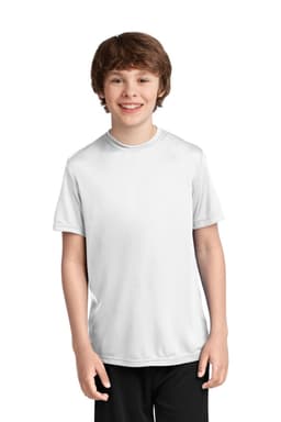 A youth performance tee in white, featuring a simple design and a logo on the front, worn by a smiling boy.