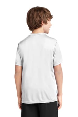 A youth performance tee in light grey, featuring a logo, displayed on a child from the back.