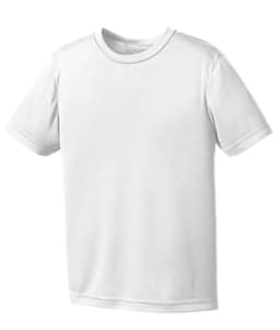 A white youth performance t-shirt featuring short sleeves and a round neck, with a logo on the front.