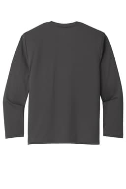 A dark grey long sleeve performance tee with a back view, featuring a plain design and a logo.