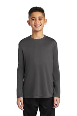 A youth long sleeve performance tee in dark grey, featuring a logo on the front. Suitable for active wear.
