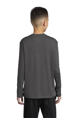 A youth long sleeve performance tee in dark grey with a back view and long sleeves. Features a logo.