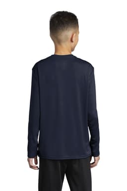 A navy long sleeve performance tee for youth, featuring a smooth fabric and a simple design. It has a logo on the back.