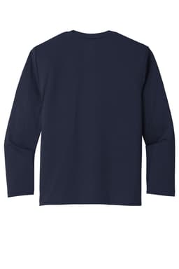 A navy long sleeve performance tee for youth, featuring a plain back design and a logo.