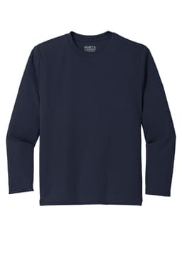 A navy long sleeve performance tee featuring a logo on the label. Suitable for youth sizes.
