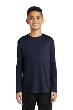 A youth wearing a navy long sleeve performance tee, featuring a simple design and a logo on the chest.