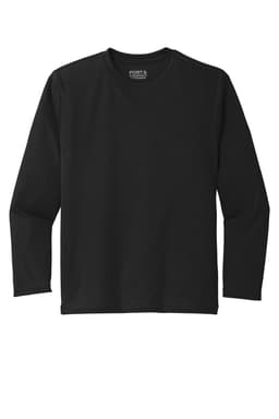A black long sleeve performance tee featuring branding on the neckline. Simple and versatile design suitable for youth.