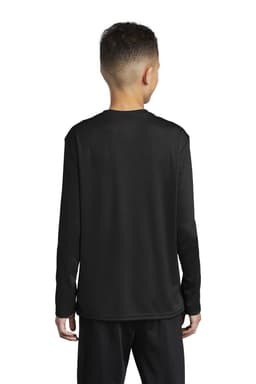 A youth's long sleeve performance tee in black, featuring a simple design with a logo.