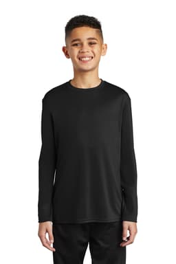A youth long sleeve performance tee in black, featuring a simple design and a logo on the front.