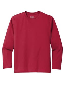 A red long sleeve performance tee featuring a logo, suitable for youth.