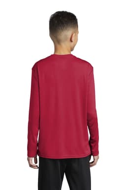 A red long sleeve performance tee designed for youth, featuring a smooth, soft fabric and a logo.
