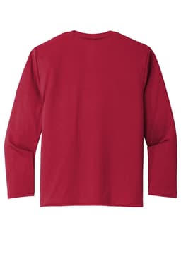 A red long sleeve performance tee, featuring a plain back and a logo on the neck area.