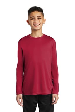 A youth long sleeve performance tee in red, featuring a round neck and a logo. Suitable for casual wear.