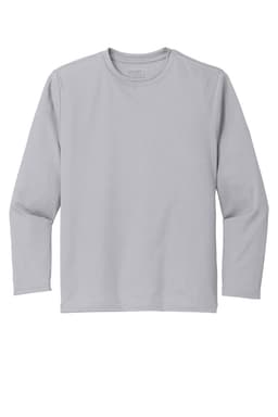 A light grey long sleeve performance tee shirt with a crew neck and branding. Suitable for youth sizes.