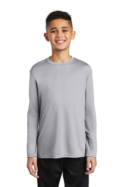 A youth long sleeve performance tee in light grey, featuring a rounded neckline and long sleeves. It has a logo on it.