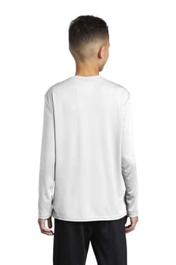 A youth long sleeve performance tee in white, featuring a logo on the back.
