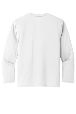 A white long sleeve youth performance tee with a smooth finish and a logo on the back.