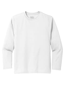 A white long sleeve performance tee with a rounded neckline and a logo at the top.