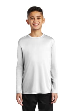 A youth long sleeve performance tee in white, featuring a logo and a simple, classic design.