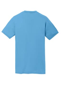 A blue performance blend t-shirt featuring short sleeves, with a logo on the back.