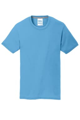 A blue Port & Company Performance Blend T-Shirt featuring a logo on the label.