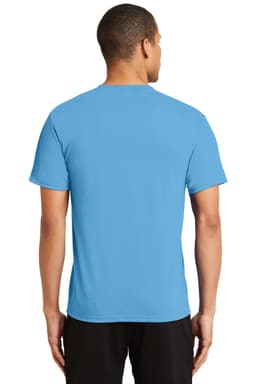 A blue performance blend t-shirt is displayed from the back, featuring a plain design and a logo on the shirt.