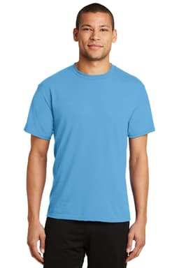 A blue performance blend T-shirt on a male model, featuring a simple design and a logo.