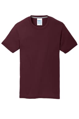 A maroon performance blend T-shirt with short sleeves and a tag featuring branding.