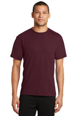 A maroon performance blend t-shirt for men, featuring a crew neck and short sleeves, with a logo on it.