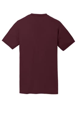A maroon Port & Company Performance Blend Tee, featuring a plain back with a logo on the neckline.